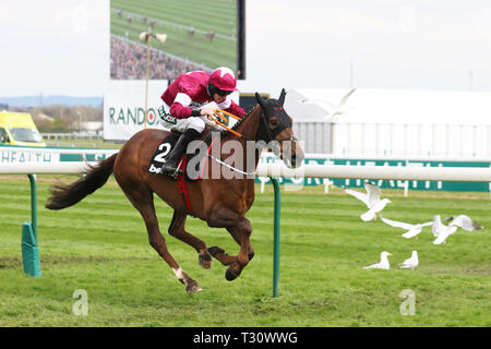 Aintree, Liverpool, Großbritannien. 5. April 2019. Sieger 2.2 Felix Desjy Aintree. 14:20 - Betway Top Novizen' Hürde (Grad 1) (Klasse 1) (4 YO plus) 2 m ½f/gewinnendes Jockey: J W Kennedy Credit: MediaWorldImages/Alamy leben Nachrichten Stockfoto