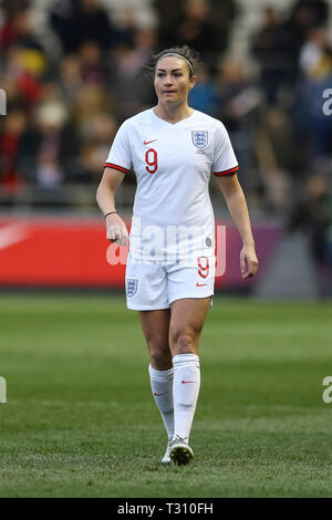 Manchester, Großbritannien. 05 Apr, 2019. Jodie Taylor von England an schaut. England Frauen v Kanada Frauen, internationale Fußball-Frauen Gleiches an der Manchester Academy Stadion in Manchester, Lancs am Freitag, den 5. April 2019. EDITORIAL NUR VERWENDEN. pic von Chris Stading/Credit: Andrew Orchard sport Fotografie/Alamy leben Nachrichten Stockfoto