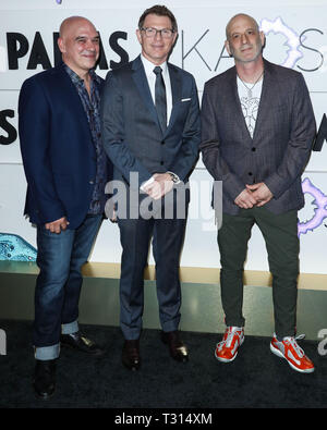 LAS VEGAS, Nevada, USA - April 05: Michael Symon, Bobby Flay und Marc Vetri im Kaos Dayclub und Nachtclub Grand Opening Wochenende im Palms Casino Resort in Kaos Dayclub und Nachtclub im Palms Casino Resort am 5. April 2019 in Las Vegas, Nevada, USA. (Foto von Xavier Collin/Image Press Agency) Stockfoto