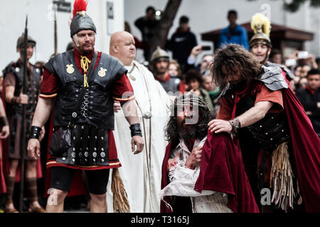 Bukarest, Rumänien, 15. April 2014: Dramatisierung von Schauspielern der Passion Christi - Drama, Folter und Kreuzigung von Jesus Christus durch die Römer. Stockfoto