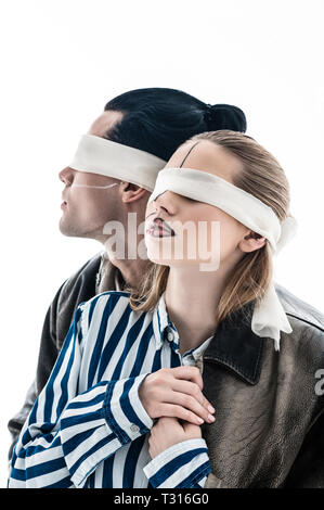 Creative Foto. Junge talentierte mit verbundenen Augen Modelle, die sich an sehr kreative Fotosession Stockfoto