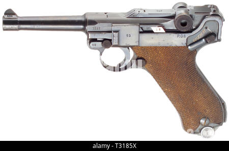 Handfeuerwaffen, Pistolen, Luger Parabellum Pistole 08, hergestellt von Mauser, Kaliber 9 mm Editorial-Use - Nur Stockfoto