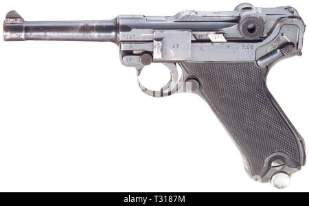 Handfeuerwaffen, Pistolen, Luger Parabellum Pistole 08, hergestellt von Mauser, Kaliber 9 mm Editorial-Use - Nur Stockfoto