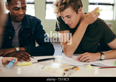 Zwei junge Studenten studieren in Bibliothek. Klassenkameraden am Tisch sitzen mit Büchern. Stockfoto