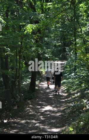 Touristen erkunden Woods bei Aladzha Monastery, Golden Sands in der Nähe von Varna, Bulgarien Stockfoto
