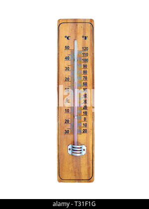 Holz- alkohol Thermometer (Geist Thermometer) mit der Celsius und Fahrenheit Skalen auf weißem Hintergrund Stockfoto