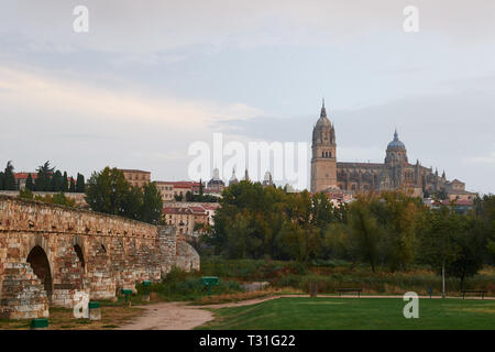 Die alten Salamanca skyline unter Dawn sanfter Beleuchtung. Bild vom Fluss Tormes im Puente Romano de Salamanca, eine elegante Romanische Brücke genommen Stockfoto