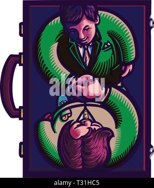 Schließen ein Geschäft ein Geschäftsmann und ein Business Frau schütteln Hände formen ein Dollarzeichen in der Mitte einer Aktentasche Stock Vektor