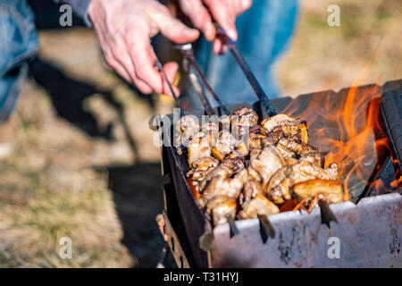 Kochen leckeres Fleisch Grill offenes Feuer in der Nähe im Frühjahr Stockfoto