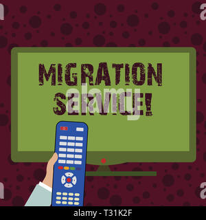 Konzeptionelle Hand schreiben Übersicht Migration Service. Konzept im Sinne der verschiedenen Cloud-Anbietern ohne Umsetzung Hand mit Fernbedienung Stockfoto