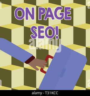 Konzeptionelle Handschrift zeigt auf Seite SEO. Konzept Bedeutung Maßnahmen innerhalb der Website zu verbessern Position Suche Rankings hetzen Geschäftsmann beeinflusst Stockfoto