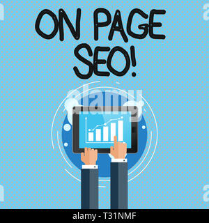 Konzeptionelle Handschrift zeigt auf Seite SEO. Konzept Bedeutung Maßnahmen innerhalb der Website zu verbessern Position Suche Rankings Geschäftsmann Hand berühren. Stockfoto