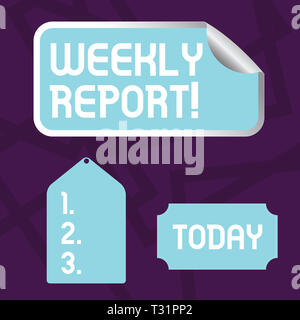 Text Zeichen angezeigt Wochenbericht. Business foto Präsentation enthält Informationen über das, was innerhalb der Woche leer Farbe Label bekannt geworden, Selbstklebend Stockfoto