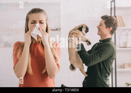 Selektiver Fokus der blonde Mädchen allergisch gegen Hund Niesen in weisse Gewebe in der Nähe der freundliche Mann mit Mops Stockfoto