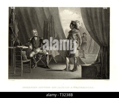 Amerikanische Geschichte Szene: Creek Chief William Weatherford oder Rote Adler Hingabe an General Andrew Jackson in Fort Jackson, Alabama, während des Krieges von 1812 Stockfoto