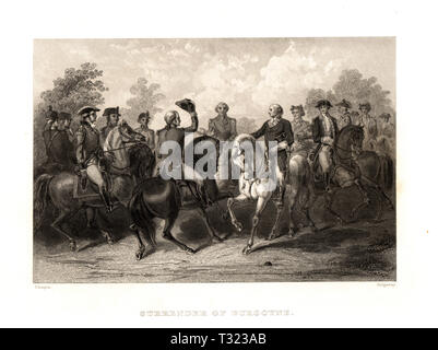 Kapitulation der britischen General Burgoyne zu US-General Horatio Gates nach der Schlacht von Saratoga, New York 1777 während des Amerikanischen Unabhängigkeitskrieges Stockfoto