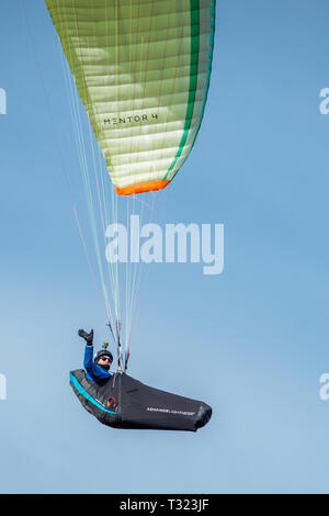 Mann Paragliding über Hunstanton Klippen auf North Norfolk Coast, East Anglia, England, UK. Stockfoto