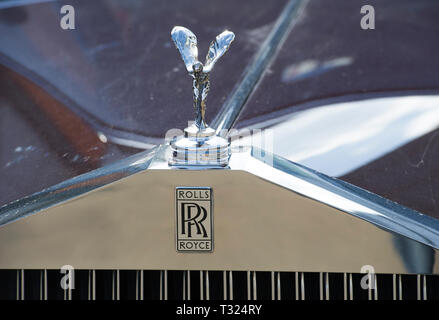 Frontgrill, Abzeichen und die Spirit of Ecstasy (Silver Lady) Motorhaube Ornament Skulptur auf Rolls-Royce Auto. Stockfoto