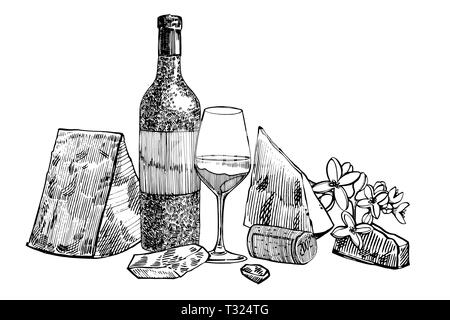 Zusammensetzung einer Flasche Wein und zwei Gläser, Parmesan, Trauben und Blätter mit Oliven. Hand gezeichnet Gravur stil Illustrationen. Banner von Win Stockfoto