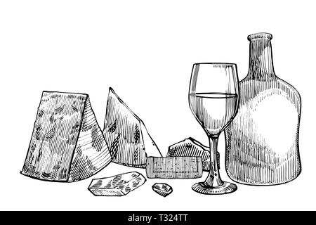 Zusammensetzung einer Flasche Wein und zwei Gläser, Parmesan, Trauben und Blätter mit Oliven. Hand gezeichnet Gravur stil Illustrationen. Banner von Win Stockfoto