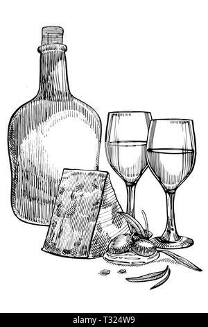 Zusammensetzung einer Flasche Wein und zwei Gläser, Parmesan, Trauben und Blätter mit Oliven. Hand gezeichnet Gravur stil Illustrationen. Banner von Win Stockfoto