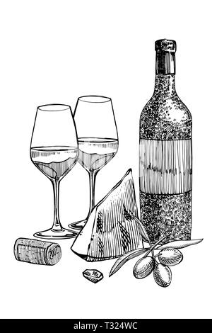 Zusammensetzung einer Flasche Wein und zwei Gläser, Parmesan, Trauben und Blätter mit Oliven. Hand gezeichnet Gravur stil Illustrationen. Banner von Win Stockfoto