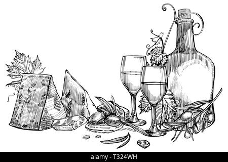 Zusammensetzung einer Flasche Wein und zwei Gläser, Parmesan, Trauben und Blätter mit Oliven. Hand gezeichnet Gravur stil Illustrationen. Banner von Win Stockfoto