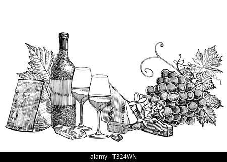 Zusammensetzung einer Flasche Wein und zwei Gläser, Parmesan, Trauben und Blätter mit Oliven. Hand gezeichnet Gravur stil Illustrationen. Banner von Win Stockfoto