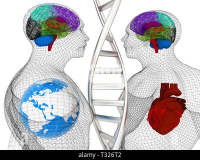 3D-medizinischen Hintergrund mit DNA-Stränge und den menschlichen Körper Modell mit Herz und Hirn in x-ray. Globale medizinische Konzept mit der Erde. 3D-Rendering Stockfoto