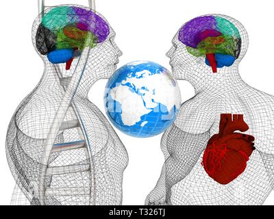 3D-medizinischen Hintergrund mit DNA-Stränge und den menschlichen Körper Modell mit Herz und Hirn in x-ray. Globale medizinische Konzept mit der Erde. 3D-Rendering Stockfoto