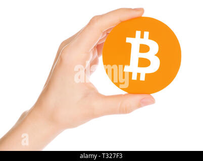 Hand hält Bitcoin auf weißem Hintergrund close-up Stockfoto