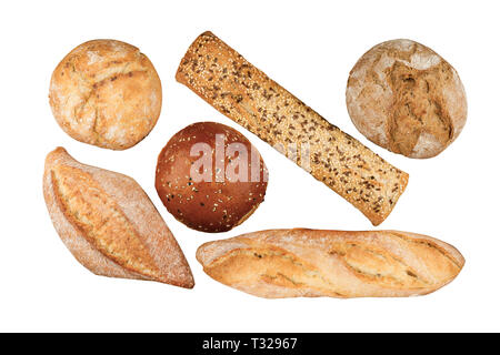 Blick von oben auf die verschiedenen Arten von Brot auf weißem Hintergrund Stockfoto
