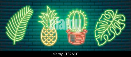 Neon Zeichen und Symbole. Cactus und Ananas, tropischen Pflanzen, Palmen und Blätter. Einstellen der Nacht hell Schild, sanftes Licht Banner. Sommer Logo. Stock Vektor