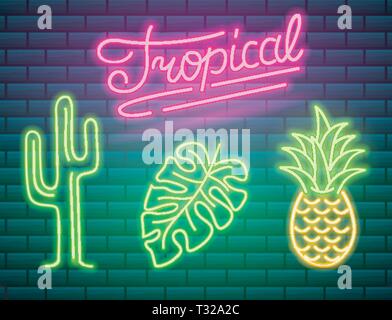 Neon Zeichen und Symbole. Cactus und Ananas, tropischen Pflanzen, Palmen und Blätter. Einstellen der Nacht hell Schild, sanftes Licht Banner. Sommer Logo. Stock Vektor
