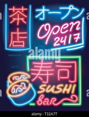 Satz von Leuchtreklame japanischen Hieroglyphen. Nacht hell Schild, sanftes Licht Banner und Logos. Editierbare Vektor. Inschriften offenen Grill Sushi essen Te Stock Vektor