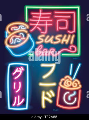 Leuchtreklame japanischen Hieroglyphen. Nacht hell Namensschild, Set, sanftes Licht Banner und Logos. Club Konzept auf dunklem Hintergrund. Editierbare Vektor. Aufschrift Stock Vektor