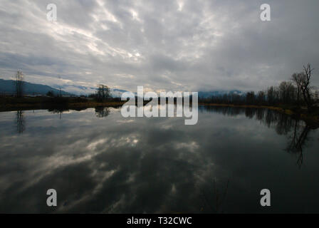 Am ruhigen Ufer des Vedder River spiegelt sich ein turbulenter grauer, bedeckter Himmel in Chilliwack, British Columbia, Kanada, wider Stockfoto