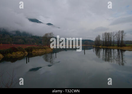 Am ruhigen Ufer des Vedder River spiegelt sich ein turbulenter grauer, bedeckter Himmel in Chilliwack, British Columbia, Kanada, wider Stockfoto