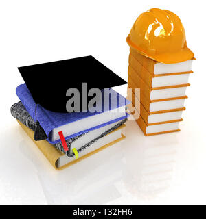 Schutzhelm und Graduierung Hut auf einem Leder Bücher und Notizen. Das Konzept der Edication für die Arbeit. 3D-Rendering Stockfoto