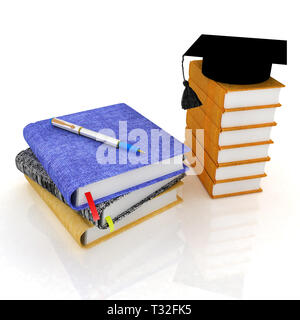 Bildung Konzept mit Leder Bücher, Hefte und Promotion hat von oben. 3D-Rendering Stockfoto
