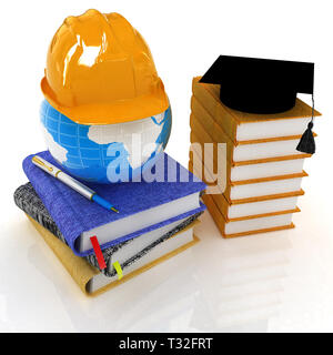 Schutzhelm und Graduierung Hut auf einem Leder Bücher und Notizen. Das globale Konzept mit Masse der Edication für die Arbeit. 3D-Rendering Stockfoto