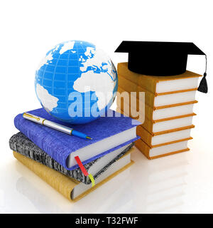 Learning Konzepts mit Graduierung Hut, Leder Bücher und Masse. 3D-Rendering Stockfoto