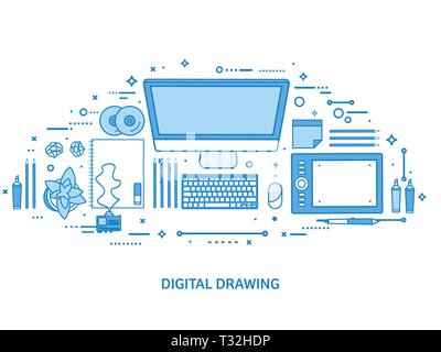 Grafik web design. Zeichnen und Malen. Benutzeroberfläche UI. Landing Page Schöpfung und Entwicklung. Flache blauer Rahmen Hintergrund. Line Art vector Illu Stock Vektor