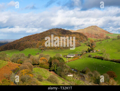 Helmeth Hill und Caer Caradoc, von Hazler Hill, Shropshire gesehen. Stockfoto