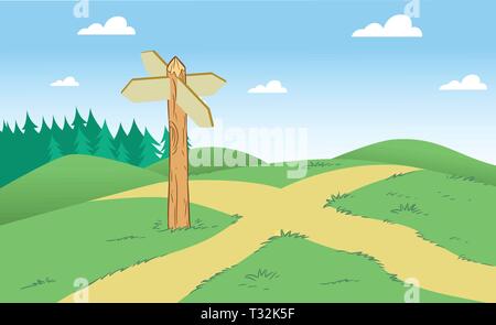 Die Abbildung zeigt einen Schnittpunkt von schmalen Landstraßen mit einem Zeiger auf einem Hintergrund von grünen Hügeln und Wäldern Stock Vektor