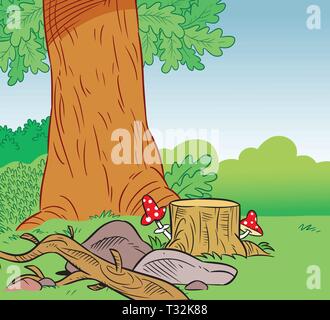 Die Abbildung zeigt einen Teil einer großen Eiche auf einer Waldlichtung in einem Cartoon Stil Stock Vektor