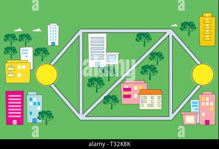 Die Abbildung zeigt ein Diagramm der Straßen und ein Teil der Straße, vor dem Hintergrund der Gebäude und Bäume. Abbildung in Cartoon st getan Stock Vektor