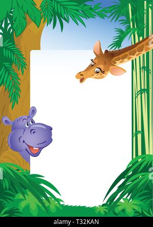 Die Abbildung zeigt ein Nilpferd und Giraffe auf Hintergrund weißer Rahmen für Text und Dschungel. Im Comic-stil erreicht, auf separaten Ebenen. Stock Vektor