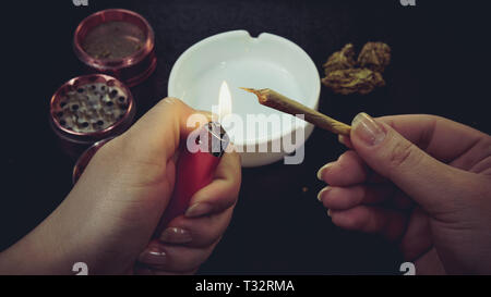 Rauchen Marihuana. Marihuana Knospen, Schleifer und Aschenbecher auf dem Hintergrund. Gemeinsame in der weiblichen Hand Stockfoto