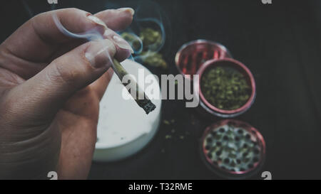 Rauchen Marihuana. Marihuana Knospen, Schleifer und Aschenbecher auf dem Hintergrund. Gemeinsame in der weiblichen Hand Stockfoto